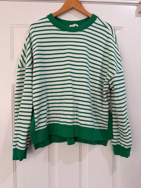 Z Supply Green and White Striped Terry Crewneck Top
